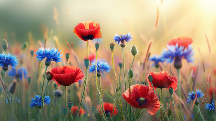 Red poppy and blue cornflowers on a field. Natural banner. - obrazy, fototapety, plakaty