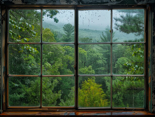 Rainy day scene through a window overlooking a dense forest highlighting the tranquility of nature in rain