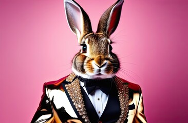 Stylish portrait of glamour dressed up bunny. Creative portrait of domestic animal on bright background.