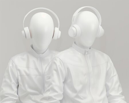 Two all-white faceless dummies wearing headphones and white clothes, on white background