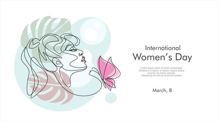 International women's day greeting card. Woman face with butterfly in one continuous line drawing. Abstract female portrait in simple linear style. Doodle Vector illustration for 8 march