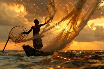 Young african fisherman with fishing net on a canoe.