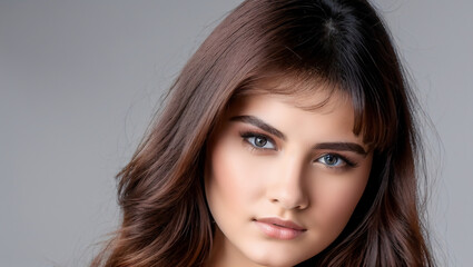 Naklejka premium Beautiful model with green eyes and straight brown hair and makeup.