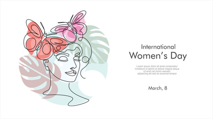 International women's day greeting card. Woman face with butterfly in one continuous line drawing. Abstract female portrait in simple linear style. Doodle Vector illustration for 8 march