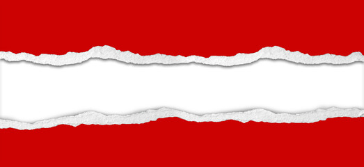 Gap in torn red paper on white background. Copy space - 740211722