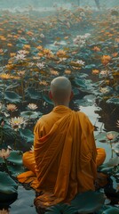 A Buddhist monk on his back in the lotus position immersed in meditation while contemplating a surreal landscape. Illustration of a monk sitting meditating on the heart in the calm lake. - obrazy, fototapety, plakaty