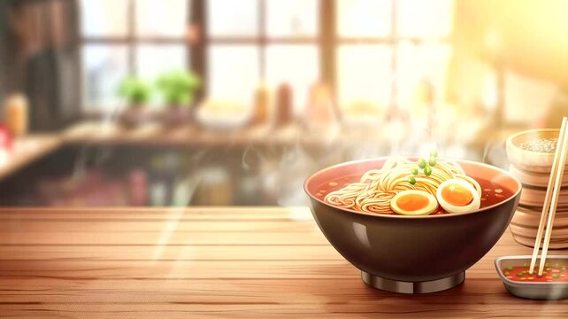 Bowl of noodles in the kitchen. Seamless looping time-lapse 4k video animation background