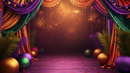 This image showcases a celebratory scene with a wooden floor forming a stage that features an array of multi-colored drapes hanging gracefully from above, adorned with strings of lights. In the backgr