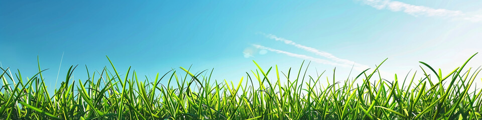 Green grass on blue clear sky background