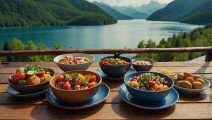 Assortment of healthy food dishes ona wooden terrace overlooking mountain lake - obrazy, fototapety, plakaty