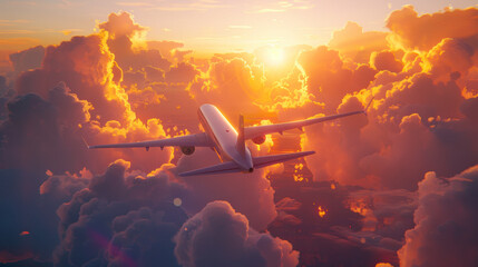 Airliner ascending into a vibrant sunrise symbolizing new beginnings and hope - obrazy, fototapety, plakaty