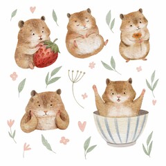 cute set of Hamsters. Watercolor illustration