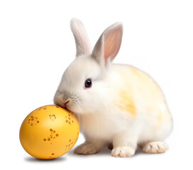 Super cute white fluffy Easter baby bunny with colorful yellow egg, isolated on white background, hight quality cut-out, ready to use png