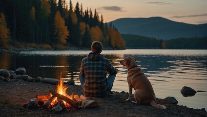 Back view of couple and dog sitting by campfire on lake shore  - Powered by Adobe