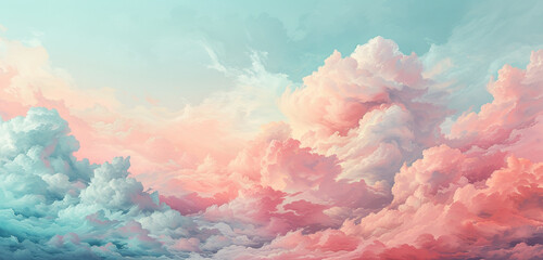 A dreamy cloudscape painted in pastel colors, evoking the light-hearted vibe of a dancehall festival with the sky transitioning from baby pink to light blue - obrazy, fototapety, plakaty
