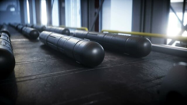 American military rocket Javelin production line. Realistic 4k animation.