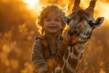 Happy boy riding in the back of a giraffe.
