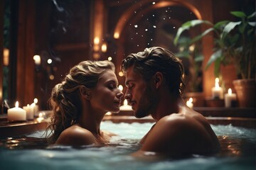 Couple in love enjoys a romantic spa experience  - obrazy, fototapety, plakaty
