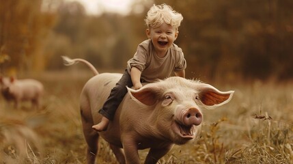 Happy boy riding in the back of a pig.