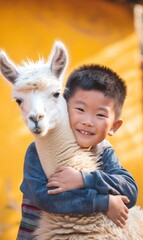 This image depicts an endearing moment where a young boy with black hair and a cheerful smile is hugging a white llama with affection. They appear to be in front of a blurred orange background that mi