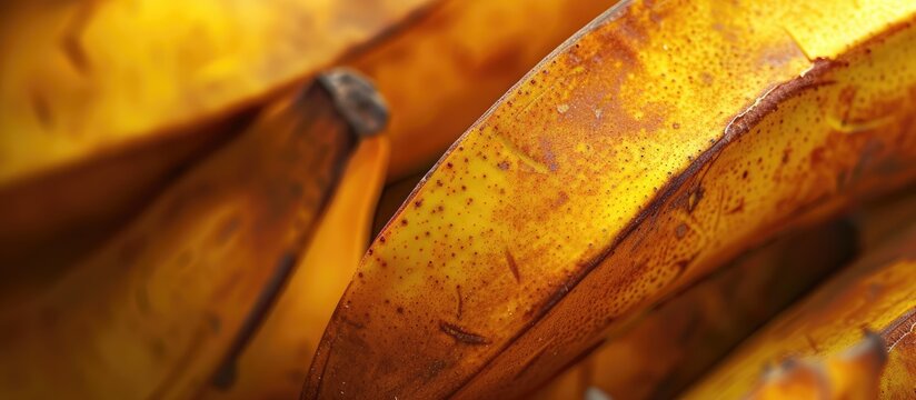 This photo presents a detailed close up view of bruised banana fruit peels.