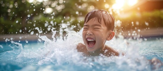 An Asian boy slides down the water and joyfully splashes into the swimming pool, with his mouth wide open. - obrazy, fototapety, plakaty