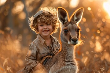 Happy boy riding in the back of a kangaroo.