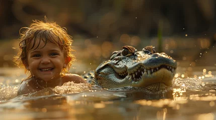 Gartenposter Happy boy riding in the back of a crocodile. © Bargais