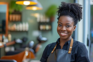 A young woman stands in front of a wall inside a store, her face adorned with a bright smile as she wears a black apron, showcasing her friendly and welcoming demeanor as a store employee - obrazy, fototapety, plakaty
