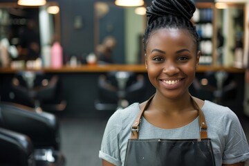 A joyful woman with a stylish hairstyle and a bright smile stands proudly in her shop, donning a sleek black apron as she showcases her fashionable clothing and accessories to potential customers - obrazy, fototapety, plakaty