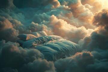 A bed with a blanket and pillows in the clouds.	 - obrazy, fototapety, plakaty