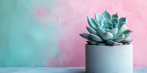 Succulent in teal pot against colorful gradient background. Vibrant pop art style and modern home...