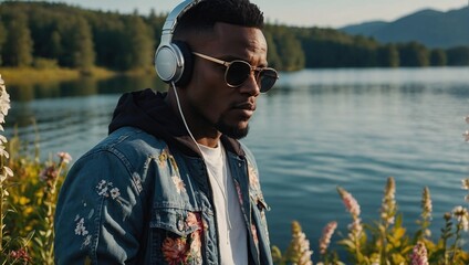 one man guy on jacket background portrait fashion dj american music headphones african black overlooking lake
