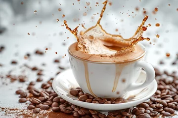 Tuinposter Cappuccino coffee with splash and beans © Тамара Печеная