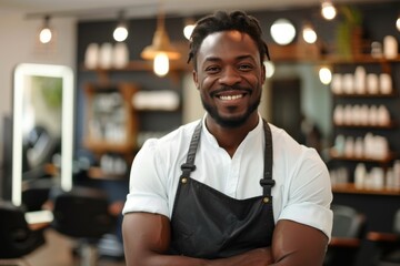A man with a warm smile stands against an indoor wall, his black apron highlighting the humanity in his face as he gazes up at the high ceiling