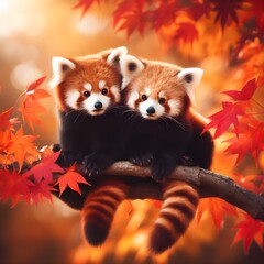 Two red pandas sitting on a tree branch