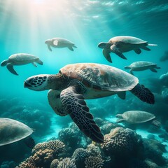 Swimming Turtles in the Ocean