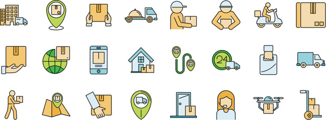 Fast home delivery icons set. Outline set of fast home delivery vector icons thin line color flat on white