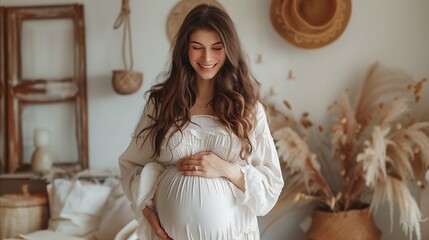 Pregnant Woman in White Dress Standing in Room