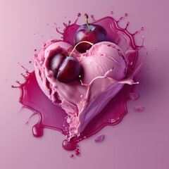 The image features a beautifully styled dessert composed of a heart-shaped scoop of pink ice cream adorned with two dark red cherries on top. The ice cream sits at the center against a soft pink backg