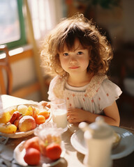 Children's healthy food. Cozy breakfast. Food for baby. Waffles, scrambled eggs, pancakes.