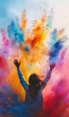 The image captures a person from behind with arms raised high, amidst a vivid and dynamic burst of colored powders ranging from orange, yellow, blue, and pink hues that scatter in the air against a cl