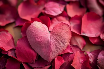 A vibrant heart-shaped leaf rests delicately upon a bed of crimson petals, a striking contrast of magenta and pink amidst the surrounding shades of purple and red
