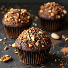 Chocolate muffins with nuts in cups. Copy Space.