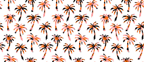 Palm Trees Seamless Vector Pattern. Orange-Black Tropical Trees Print on a White Background. Freehand Drawing-like Aloha Party Endless Design. Hand Drawn Palms Repeatable Motif. RGB Vibrant Colors. - 740214944
