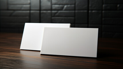 Blank white paper business cards mockup, rest on black brick tile wall 