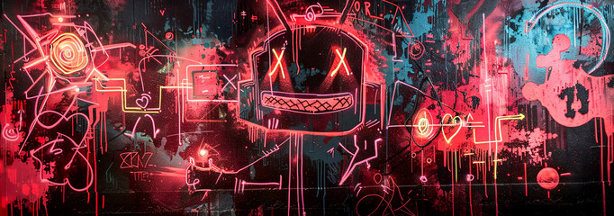Futuristic urban street art. Bright Cyberpunk vibes. Neon graffiti on a wall.