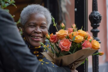 A beaming woman expertly arranges a vibrant bouquet of yellow roses, exuding a passion for floral design and an appreciation for the beauty of nature