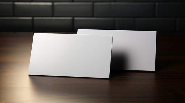 Blank white paper business cards mockup, rest on black brick tile wall 