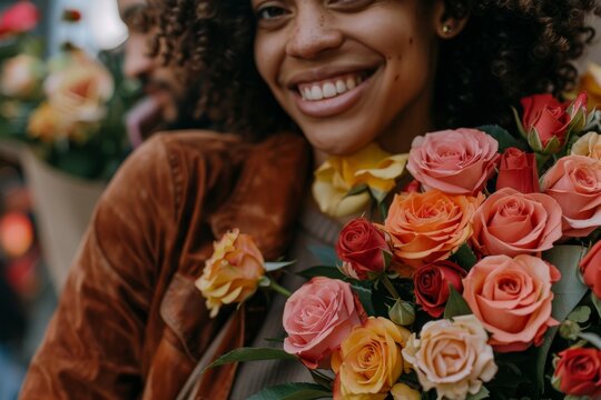 A woman's smile blossoms as she holds a stunning bouquet of garden roses, expertly arranged with floribunda and artificial flowers in a display of beautiful floral design